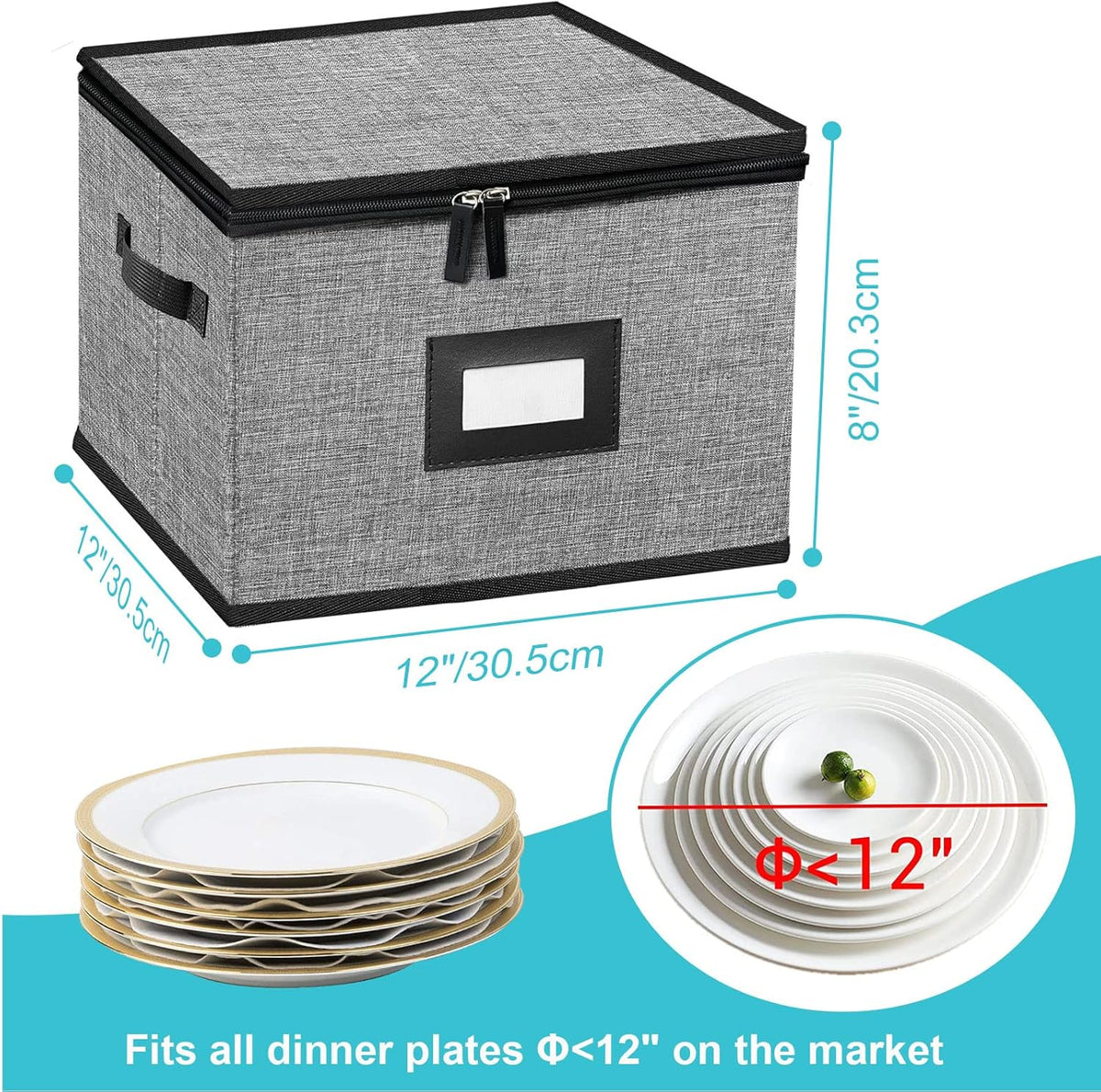 China Storage Containers-Quilted Dish Storage Containers with Lid Hard Shell for Moving Transport, Dinnerware Storage,Stackable Plate Storage,24 Felt Plate Dividers Included,2PACK 12*12*8in(Dark Grey)