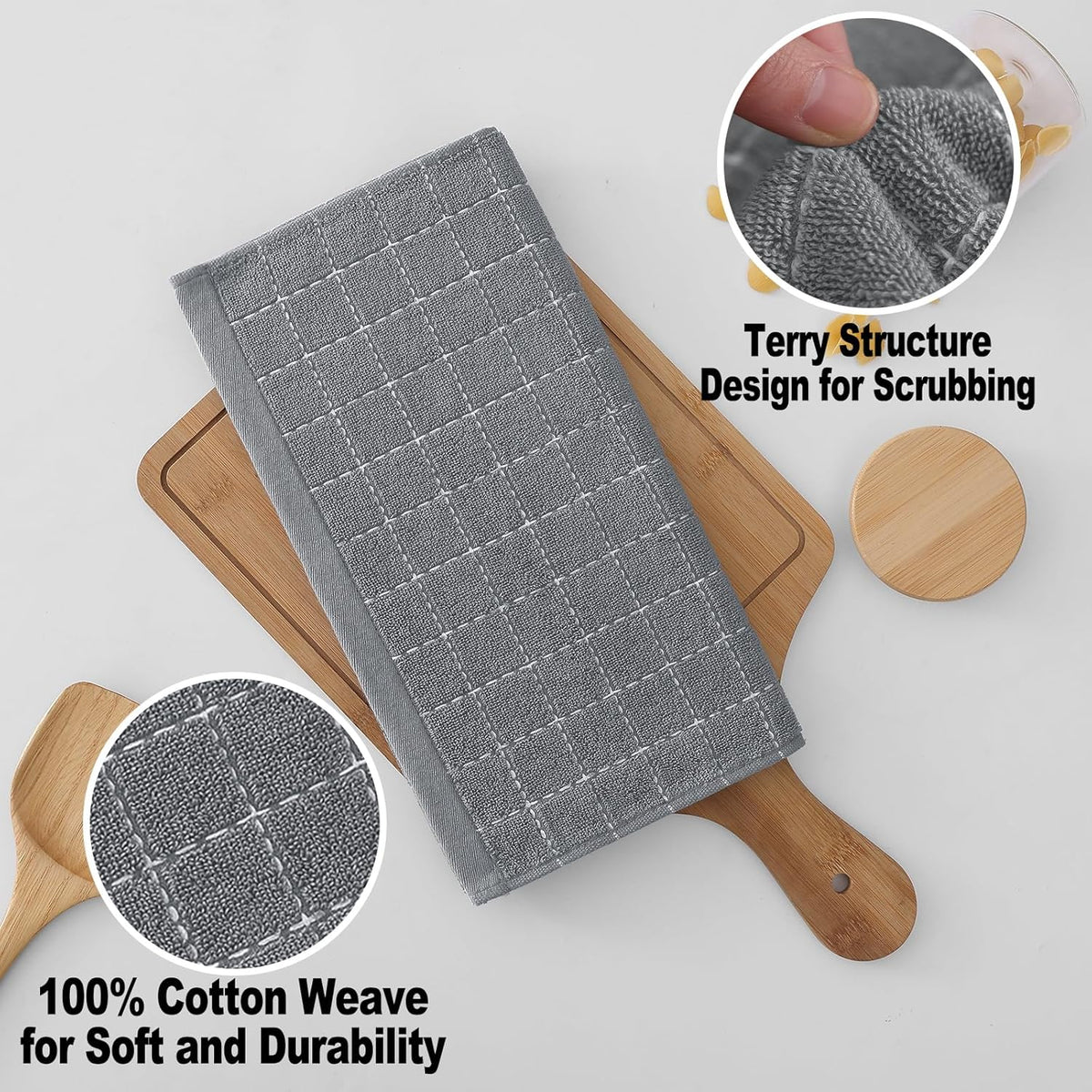 Homaxy 100% Cotton Terry Kitchen Dish Cloths, Ultra Soft and Absorbent Dish Towels for Kitchen, Suitable for Drying and Washing Dishes, 6 Pack, 12 x 12 Inches, Grey
