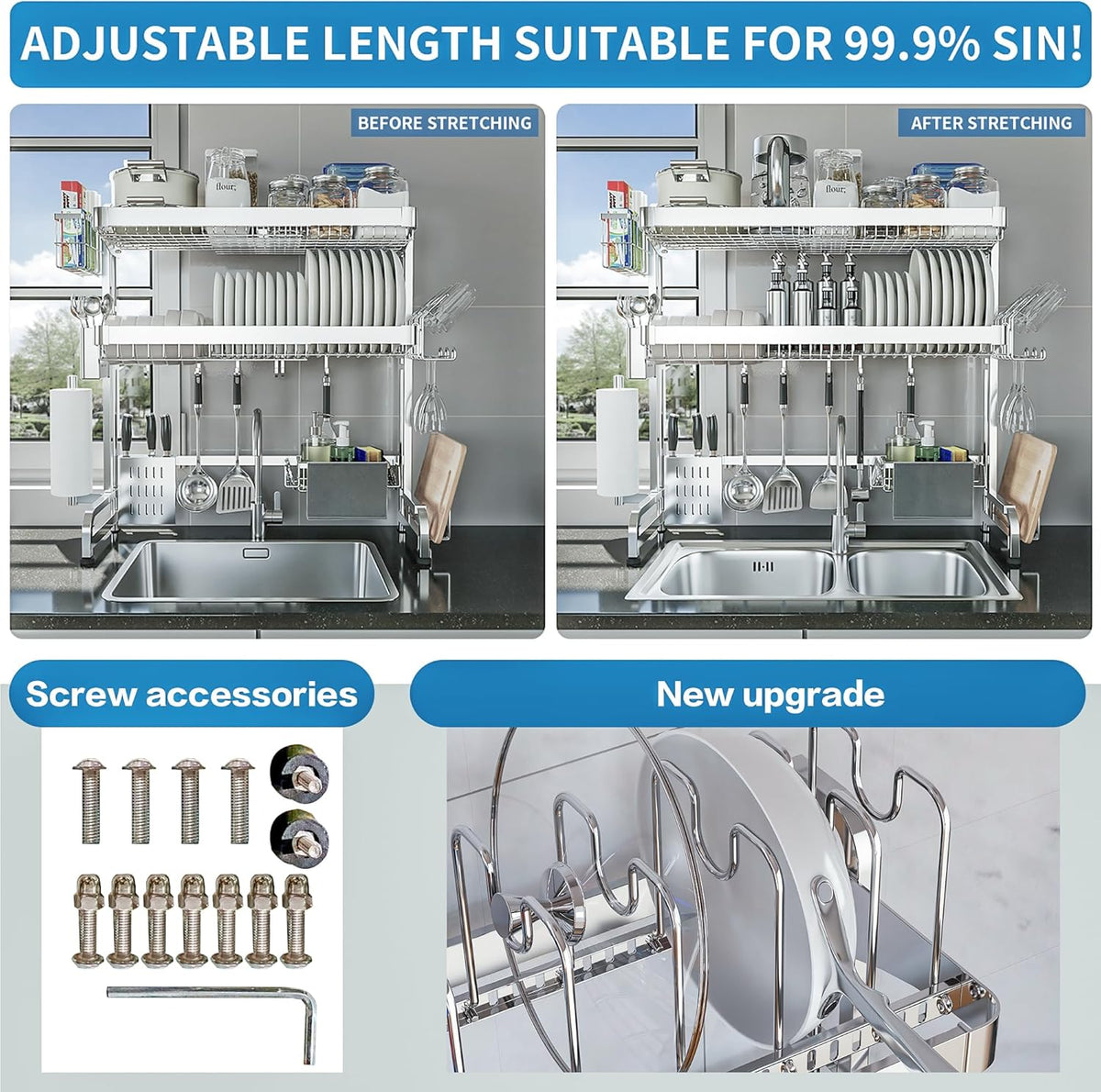 Over The Sink Dish Drying Rack,3 Tier Adjustable Length Full Stainless Steel Large Storage Kitchen Dish Rack,for Kitchen Counter Expandable Multifunctional Organizers,Silver (25.98-37.6")