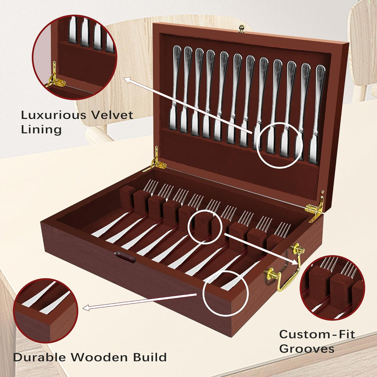 Silverware Storage Box Solid Wood with Lid, Silverware Organizer with Handle and Felt Lined, Silverware Storage Chest for Flatware and Utensils Home Decor Gift, Chest for Flatware Setting Up 15