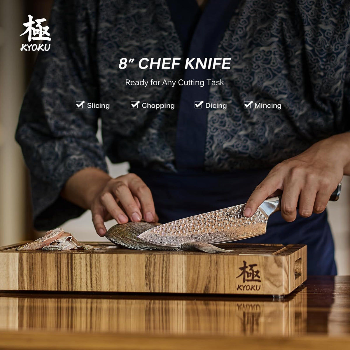 KYOKU Chef Knife - 8"- Shogun Series Japanese VG10 Steel Core Hammered Damascus Blade Kitchen Knife - with Sheath & Case