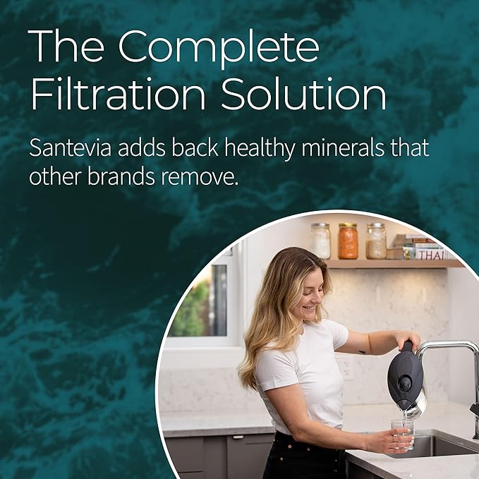 Santevia MINA Alkaline Pitcher | 9-Cup at Water Filter System That Adds Minerals and Makes Alkaline Water | Fluoride, Chlorine and Lead Water Filter | American Filtration Media