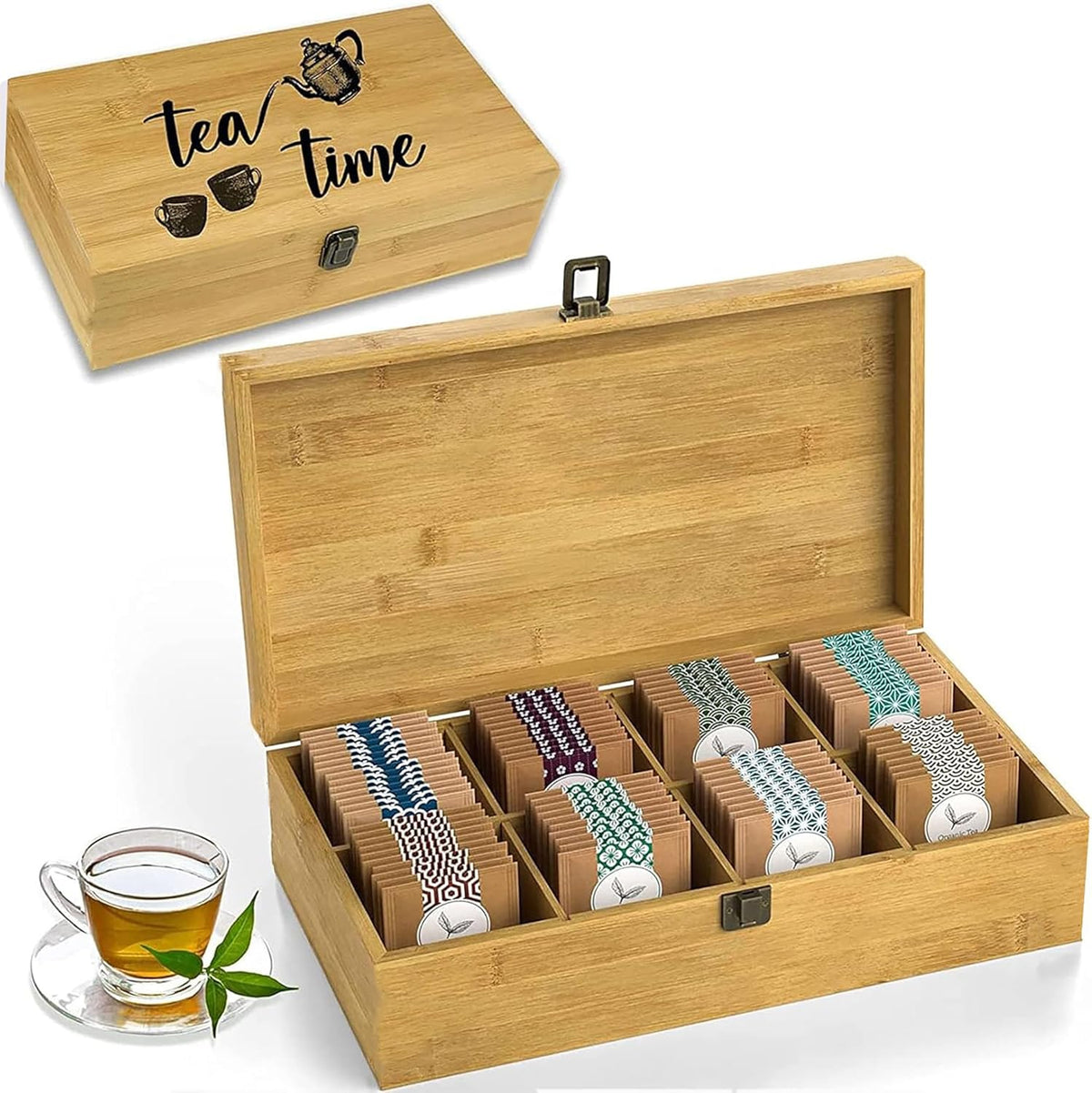 Bamboo Tea Organizer Box Chemical Free Eco-Friendly Big, Tall, Adjustable Cubbies Natural Wooden Storage Chest (8-Slot 14.3" x 8.1" x 4.2" with Tea Time Pot & Cups)