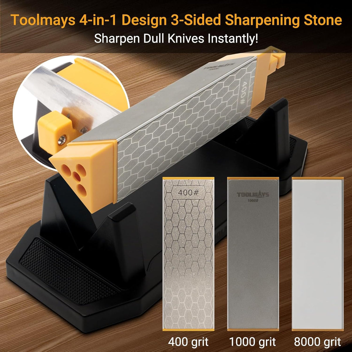 TOOMAYS Sharpening Stone 3 Side Grit 400/1000/8000, Premium Industrial Diamond & Ceramic, Knife Sharpener Stone with Triangle Locator, Angle Guide and Non-Slip Base (3 Side Grit 400/1000/8000)