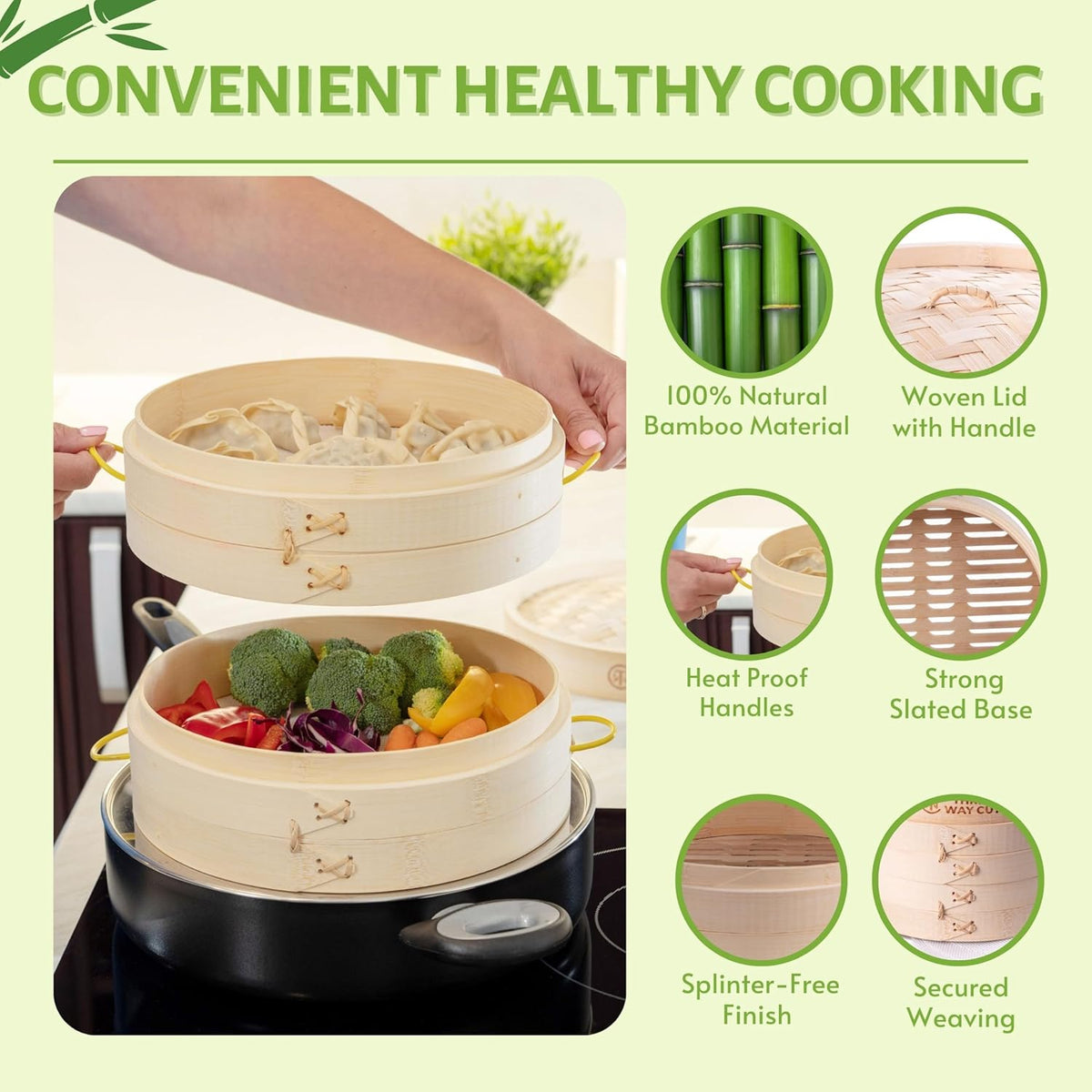 2 Tier Bamboo Steamer- 10" Baskets With Handle, Silicone Liner, Adapter, Molder Press For Cooking Vegetables Dumpling Press & Dough Cutter for Steaming Chinese Asian Food & Bao Bun, Dim Sum Potsticker