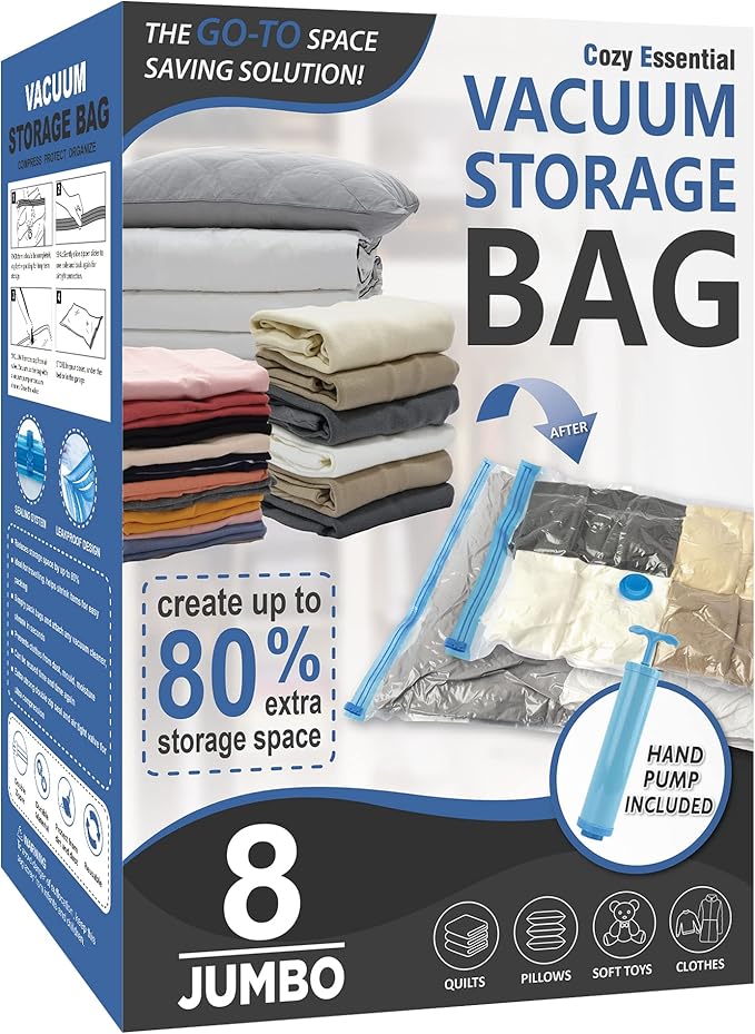 8 Jumbo Vacuum Storage Bags, Space Saver Bags Compression Storage Bags for Comforters and Blankets, Vacuum Sealer Bags for Clothes Storage, Hand Pump Included
