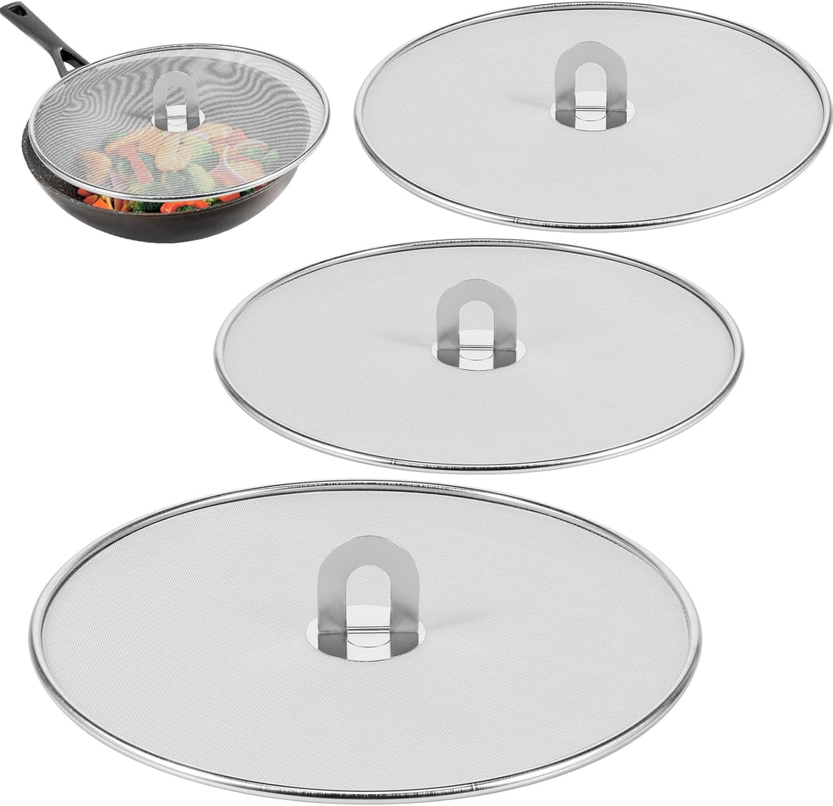 3PCS Stainless Steel Splatter Guard, 9.8" 11.4" 13" Frying Pan Splatter Screens, Fine Mesh Splash Proof Oil Splash Guard with Foldable Handle, Oil Proofing Lids Cooking Protector for Frying Cooking