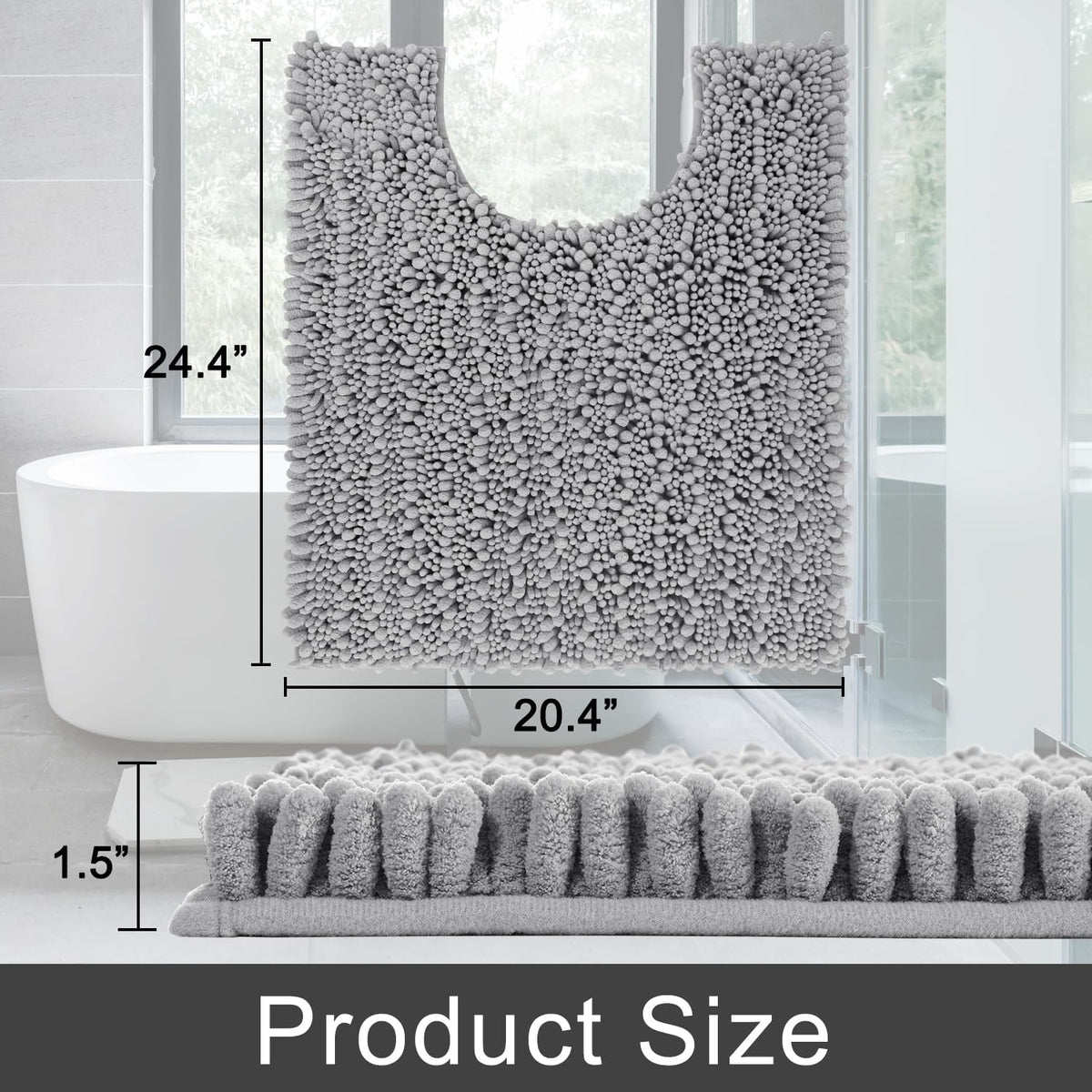 Yimobra Toilet Rug U Shaped Washable 24x20 Inch - Ultra Soft Absorbent Chenille Bath Rugs for Toilet, Quick Dry & Machine Washable, Non Slip Contour Bathroom Mat, Gray