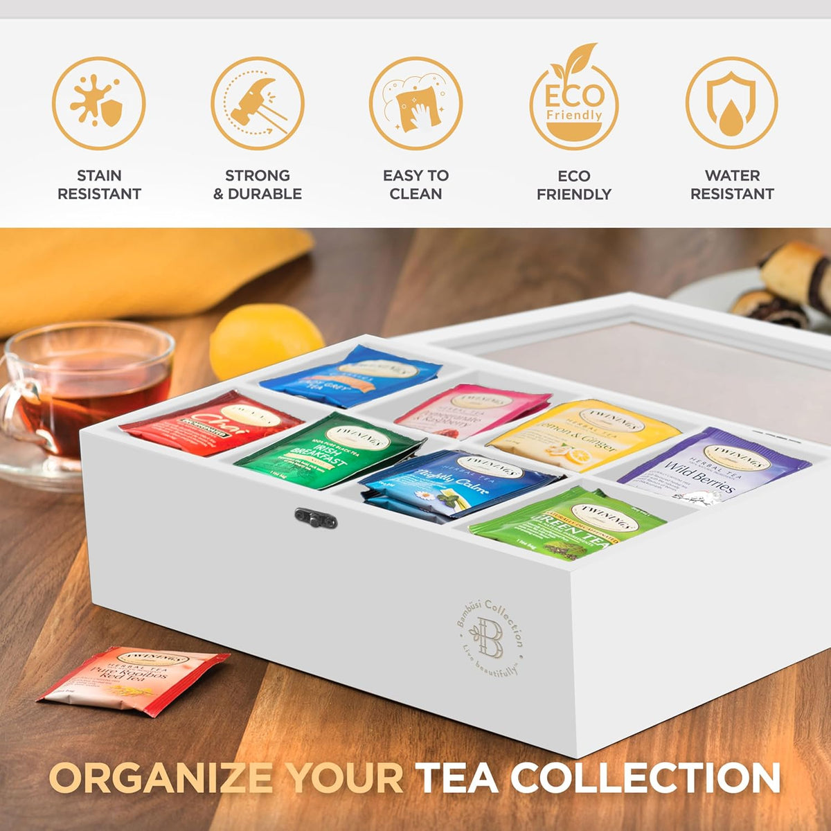 Bambüsi Tea Bag Organizer - Bamboo Tea Box Organizer Storage Box, Tea Bag Holder with Acrylic Window, Magnetic Lid Keeps Tea Bags Fresh - Tea Organizer Caddy (Tea Not Included) Christmas Gift - White