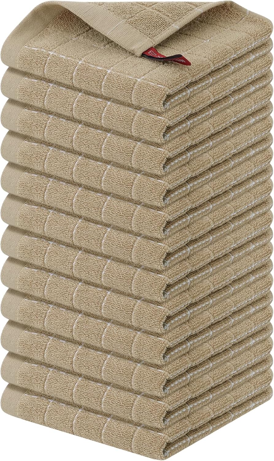 Homaxy 100% Cotton Terry Kitchen Dish Cloths, Ultra Soft and Absorbent Dish Towels for Kitchen, Perfect for Drying and Washing Dishes, 12 Pack, 12 x 12 Inches, Tan