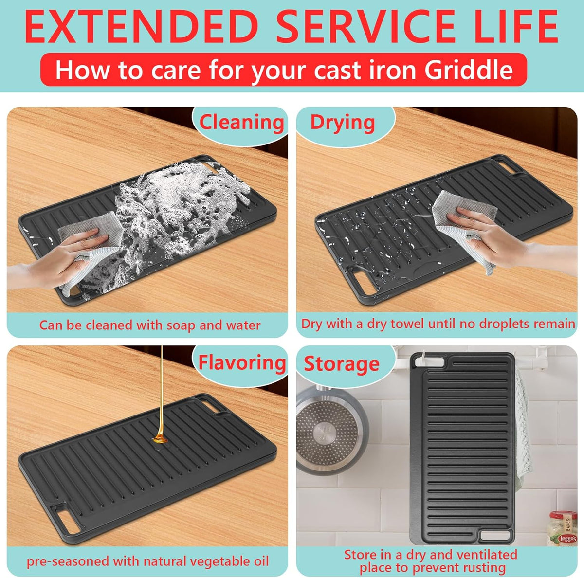 16.75" X 9.5" Reversible Cast Iron Griddle for Gas Grill, Flat Griddle Pan for Gas Stove, Pre-Seasoned Oven Top Grill pan,Upgrade Double Burner Griddle for Indoor & Outdoor Cooking Accessories