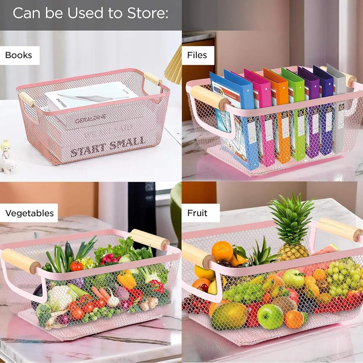 Metal Mesh Steel Basket, Medium Wire Storage Organizer Basket Multi-function Hanging Kitchen Basket with Wood Handle for Kitchen Bathroom Picnic Home, Rectangle-Pink