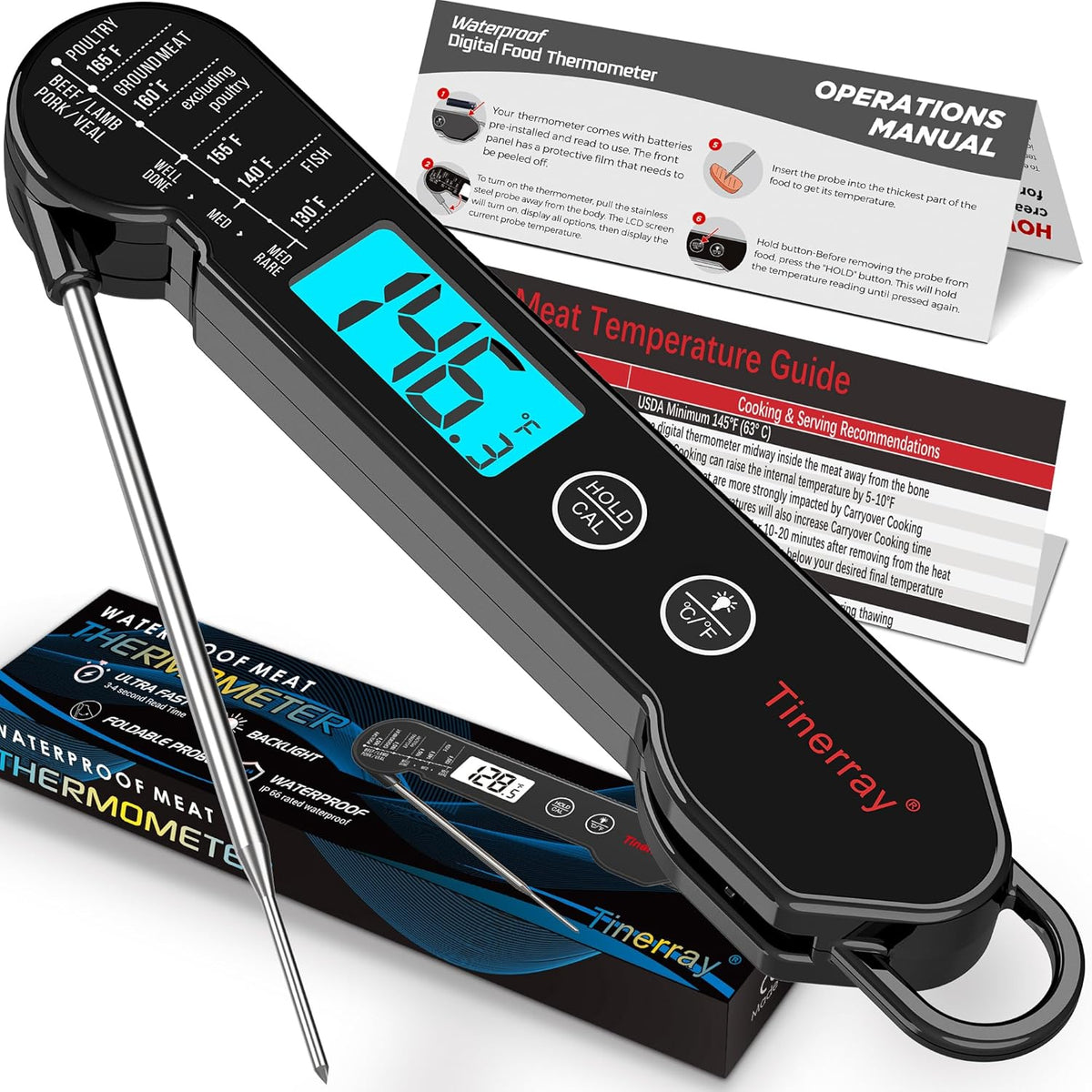 Digital Meat Thermometer for Cooking, Grilling & BBQ - Ultra-Fast Instant Read Thermometer with Waterproof Design,Backlight & Calibration - Perfect for Candy Making, Deep Frying, Turkey, Beef (Black)