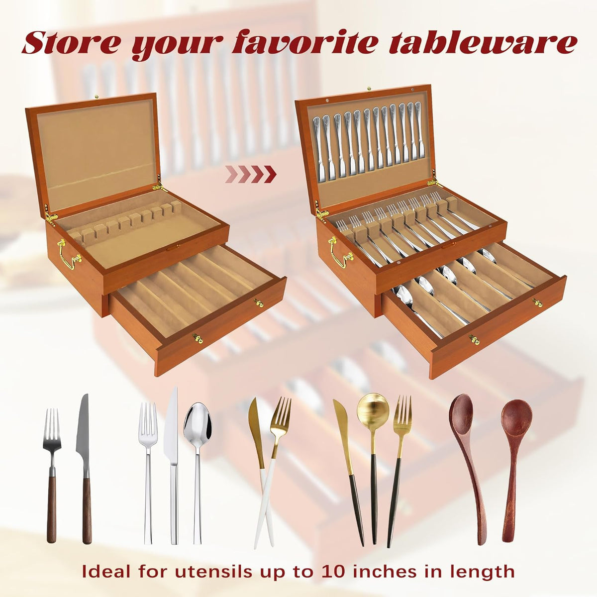 Silverware Storage Box Solid Wood with Lid, 2 Layer Silverware Storage Chest, 15.5'' ×11.5'' Silverware Organizer with Handle and Felt Lined, Chest for Flatware Setting Up 30