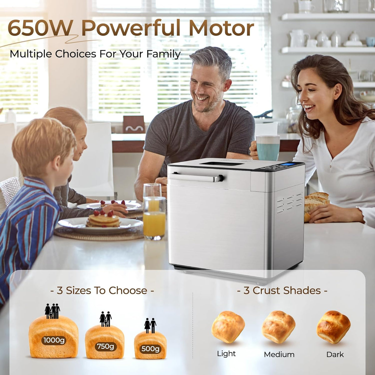 EUHOMY Bread Maker Machine 13-in-1 Bread Machine, Dough Maker, Auto Nut Dispenser & Ceramic Pan, 2LB and 3 Loaf Sizes & 3 Crust Colors, 650W Bread Machine with Keep Warm Set, Whole Wheat