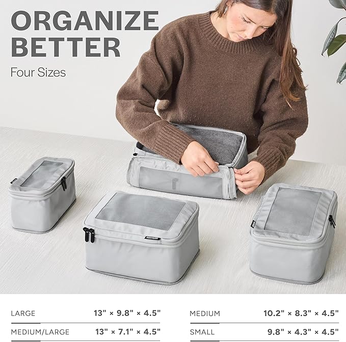 Aerotrunk Compression Packing Cubes for Travel - Luggage Organizer Bags - Double Zipper Packing Cubes for Suitcases (4-Pack, Light Grey)