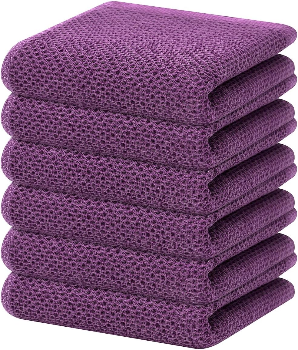 Homaxy 100% Cotton Waffle Weave Kitchen Dish Towels, Ultra Soft Absorbent Quick Drying Cleaning Towel, 13 x 28 Inches, 6-Pack, Purple