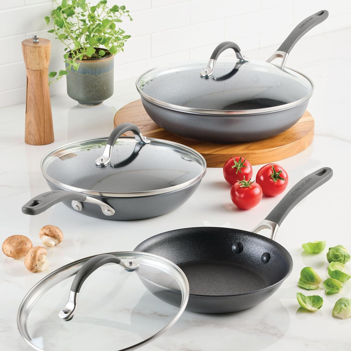 Circulon A1 Series with ScratchDefense Technology Nonstick Induction, Frying Pans/Skillets with Lids, Metal Utensil Safe, Skillet Set w/Lid (8.5", 10" & 12") - Graphite
