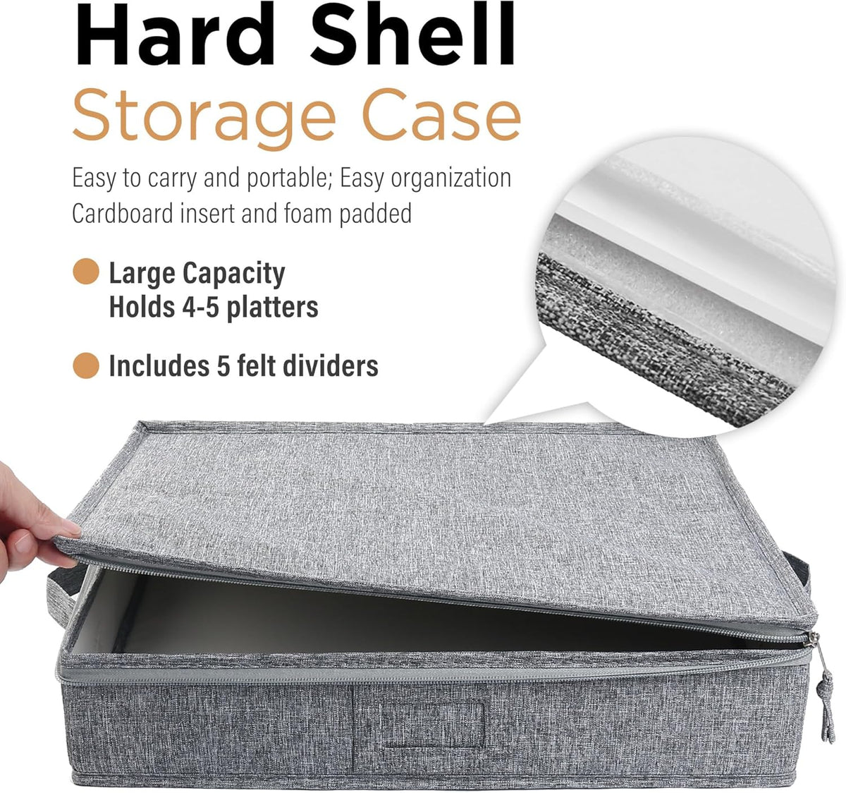 LotFancy Platter Storage Case, Hard Shell, China Storage Container for Moving, 17x13x3.5 in, 5 Felt Dividers Included