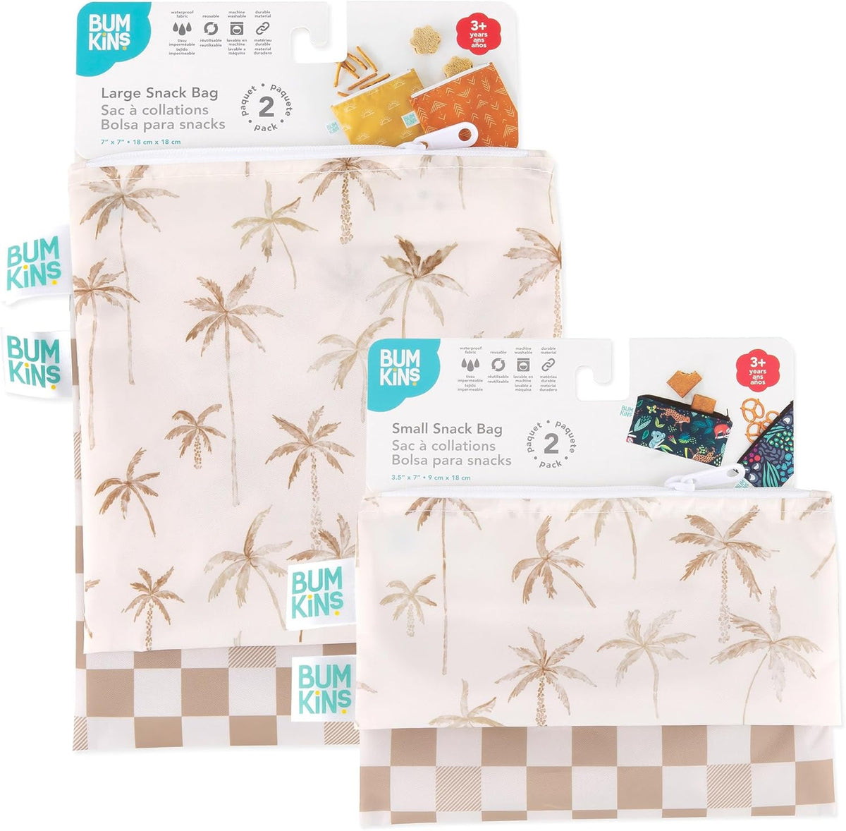 Bumkins -Cloth Snack & Sandwich Bags -For Storage, Travel, Food Prep, Lunch -Reusable, Water Resistant, Washable, Dishwasher Safe -Snack Bags for Kids -Zipper Closure -Beige Check & Palm Trees -4 Pack
