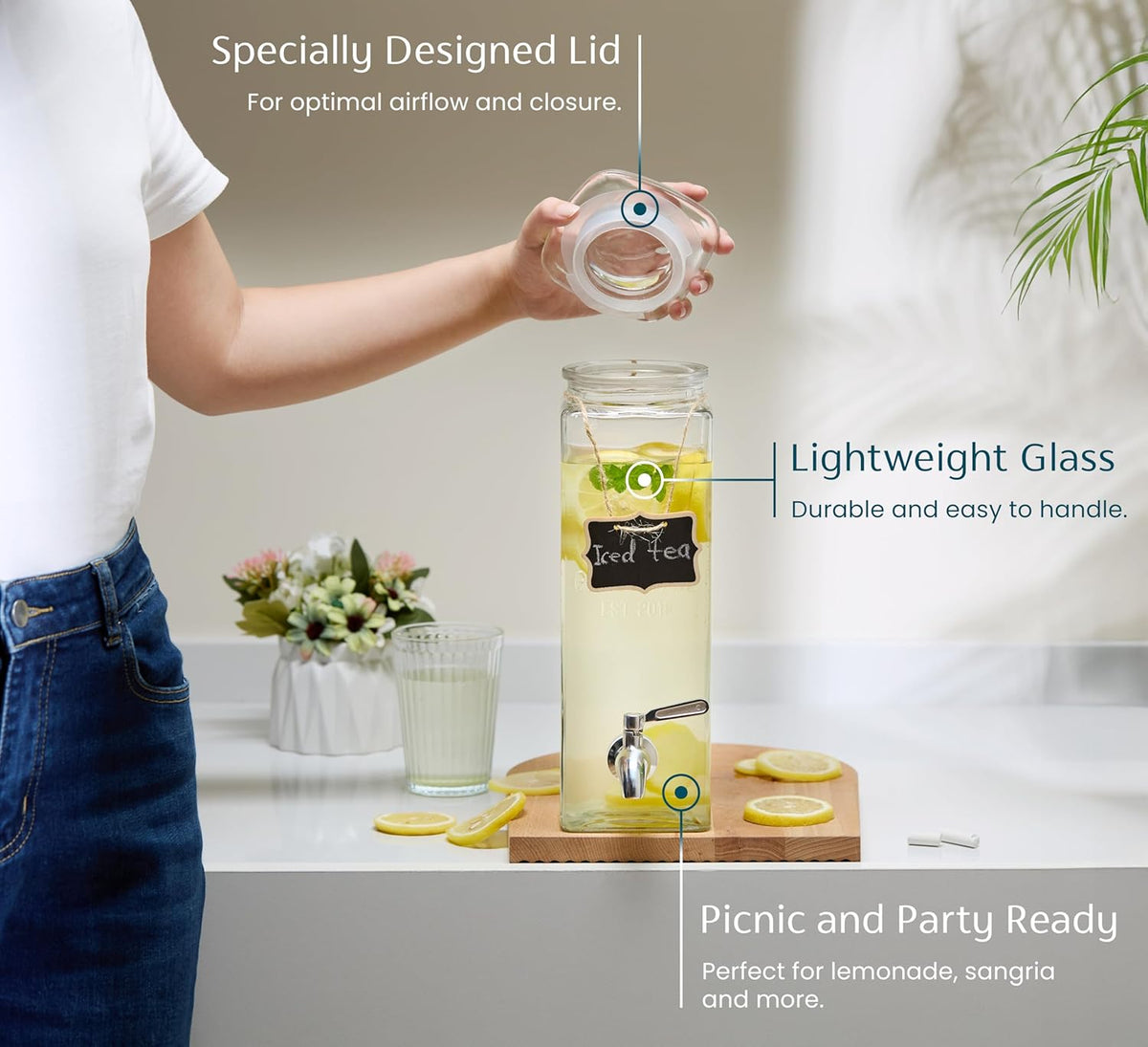 Kook Glass Drink Dispenser, with Leak-Proof Stainless Steel Spigot, Clear Rectangular Mason Jar, Beverage Storage for Fridge, for Water, Iced Tea, Sangria, Lemonade, 80 oz (2)