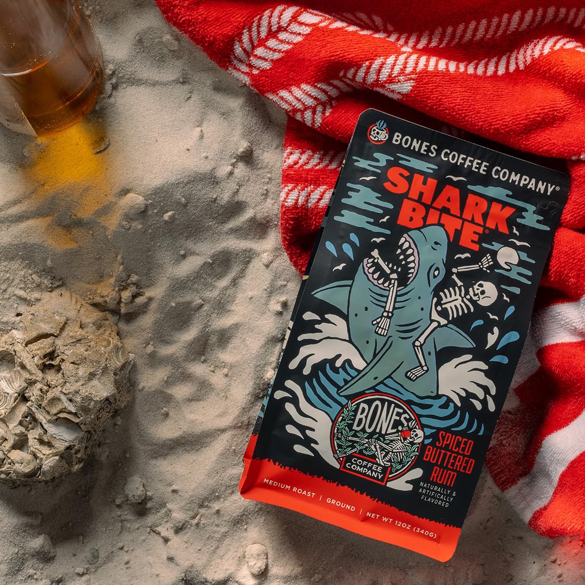 Bones Coffee Company Shark Bite, Buttered Rum Flavored Coffee, Medium Roast Low Acid Arabica Beans Compatible with Auto drip and French Press Coffee Maker, 12 Oz Ground
