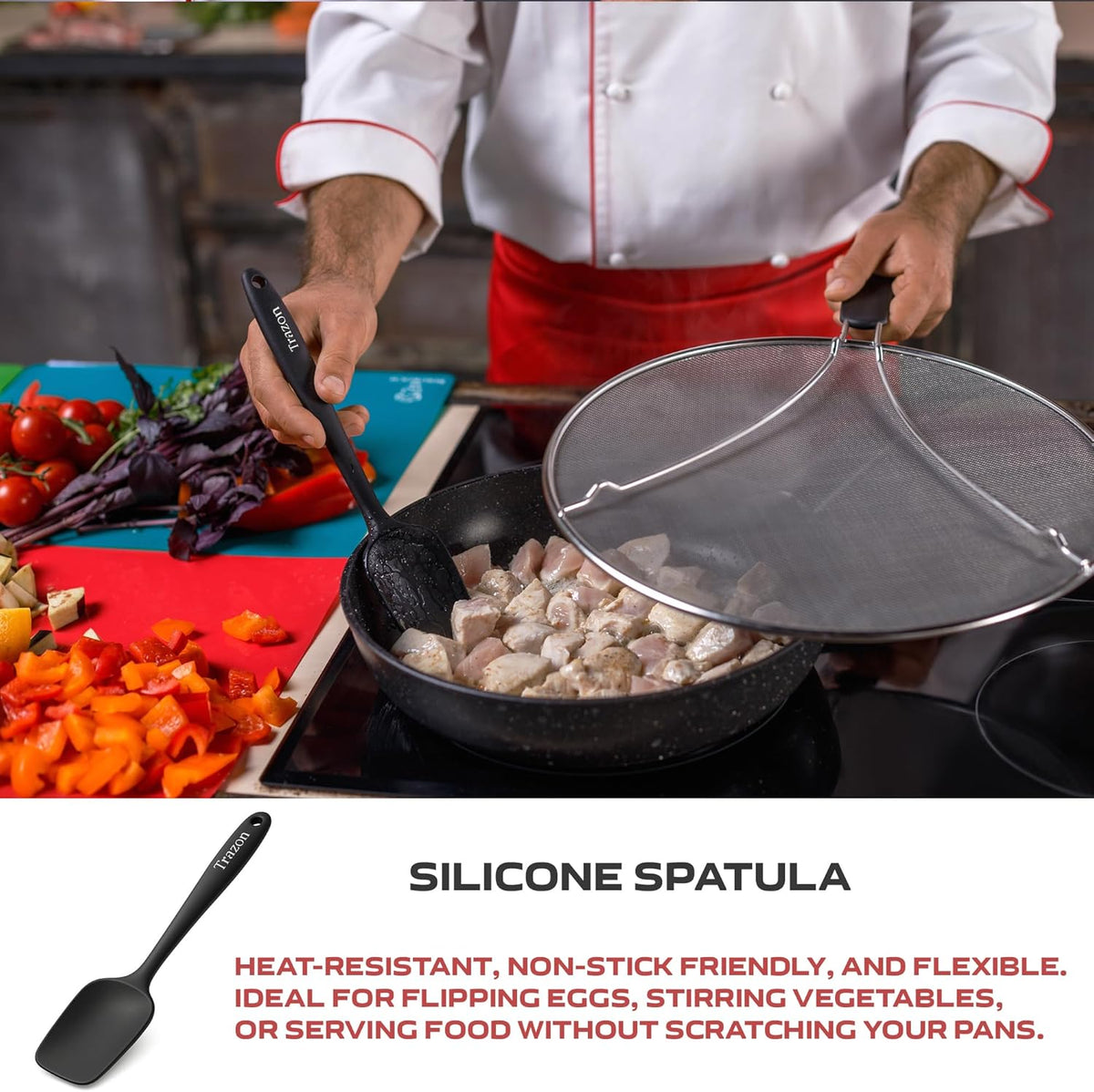 Grease Splatter Screen for Frying Pan 13 inch - Stops 99% of Hot Oil Splash - Protects Skin from Burns - Splatter Guard for Cooking - Iron Skillet Lid Keeps Kitchen Clean, includes Silicone Spatula