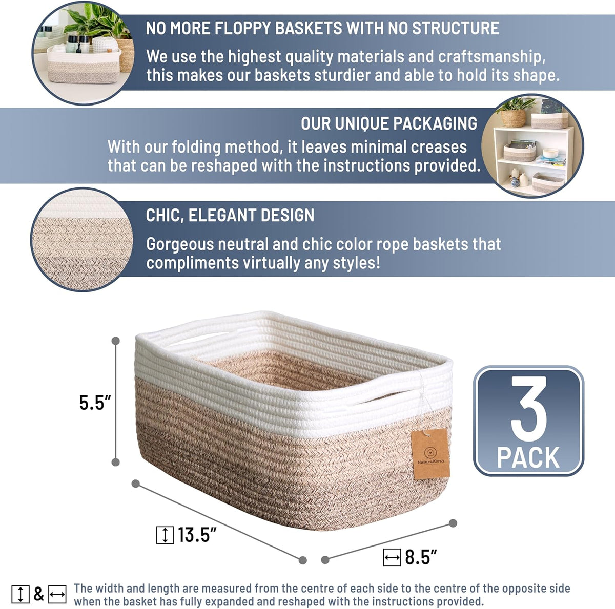 NaturalCozy 13.5”x8.5”x5.5” Storage Baskets for Shelves 3 Pack | Cotton Rope Woven Small Baskets for Organizing | Small Storage Bins for Nursery, Bathroom, Closet, Cube Shelf, Decorative, Gift