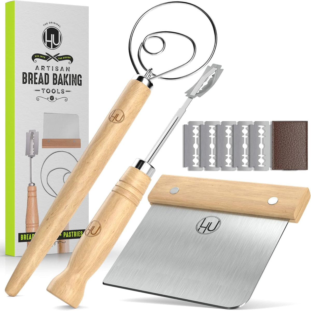 LHU Bread Making Tools and Supplies - Set of 3 - Danish Dough Whisk, Bread Lame, Bench Scraper - Dough Hook with Bread Scraper, Lame Bread Tool, Blades - Great for Baking Sourdough, Pizza, Pastry