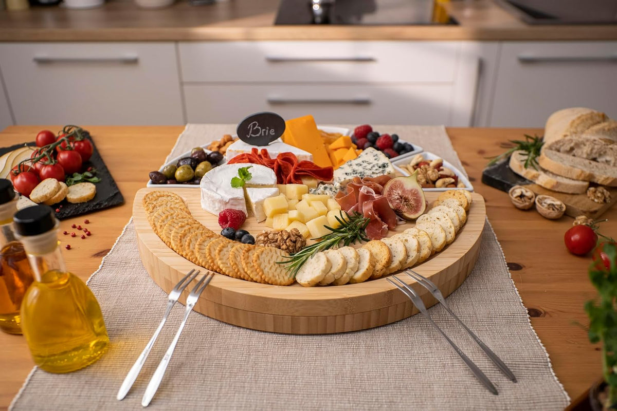 Charcuterie Cheese Board and Platter Set - Made from Bamboo Wood - US Patented 16 inch Cheese Cutting Board and Knife for Entertaining and Serving - 4 Knives - 5 Bowls - 2 Cheese Markers - 4 Forks
