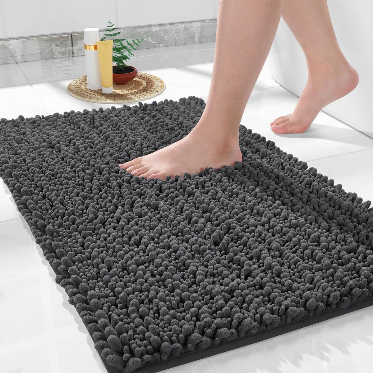 Yimobra Bathroom Rugs Non Slip Washable 24x17 Inch - Ultra Soft Absorbent Chenille Bath Mat, Quick Dry Shaggy Floor Carpet for Tub Shower, Dark Gray Home Decor Accessories
