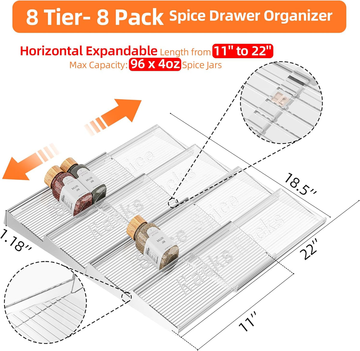 8 Packs Spice Drawer Organizer, 2-Tier Acrylic Drawer Seasoning Organizer, Expandable From 11'' to 22'' Kitchen Spice Rack Organizers and Storage for Drawer (Jars not included), Clear