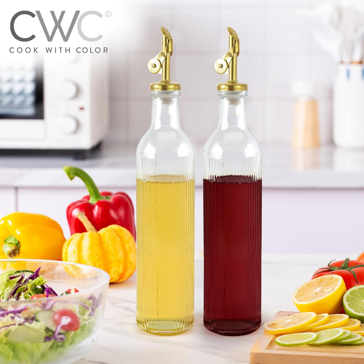 COOK WITH COLOR Glass Olive Oil Dispenser Bottle - 2 Pack, 17 oz Cruet - Elegant Carafe Decanter with Spout for Kitchen, Suitable for Vinegar, Coffee Syrups & Other Liquids