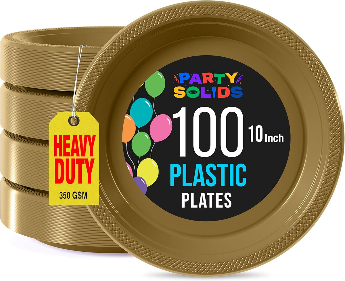 Exquisite Party Solids Gold Plastic Plates For Party 10" Gold Disposable Plates Heavy Duty Supplies 100 Pcs Plastic Dinnerware Sets Heavy Duty 350 GSM Disposable Dinnerware Set