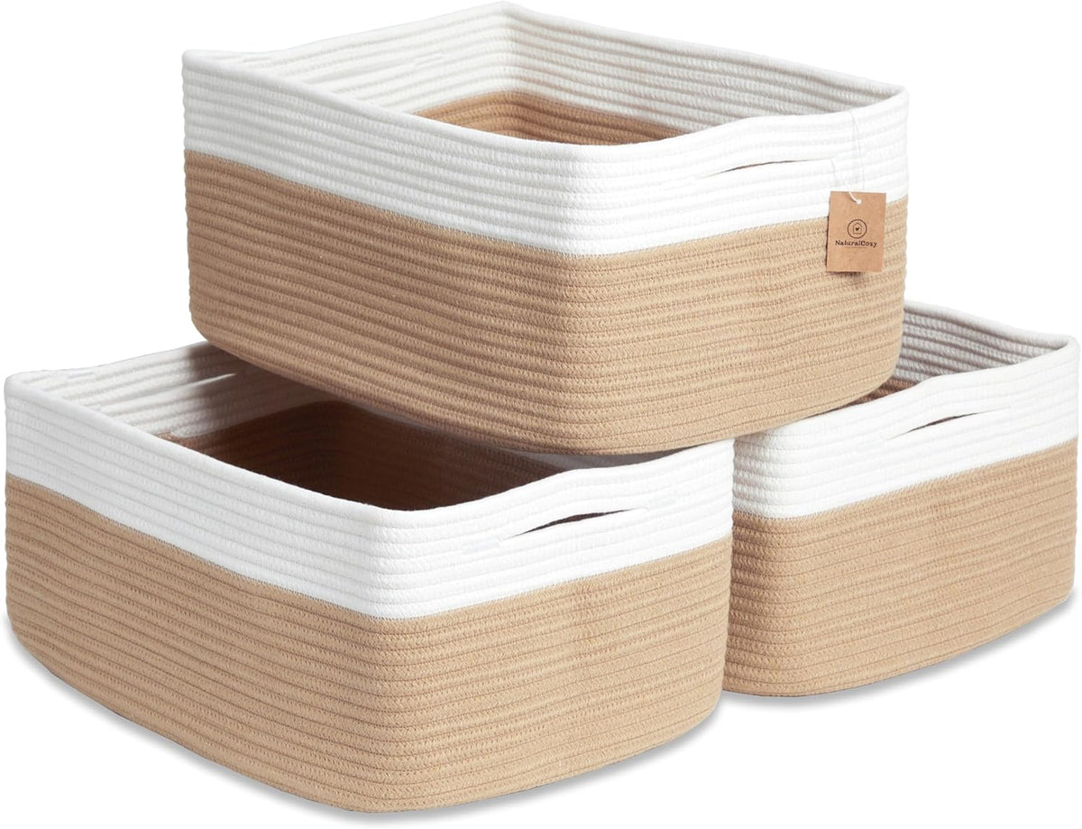 NaturalCozy Storage Baskets 16.8”x13”x7.6” Cotton Rope Woven Baskets for Organizing 3-Pack | Toy Storage Bins | Basket for Shelves, Laundry, Blanket, Clothes, Closet, Kitchen, Bathroom, Gifts