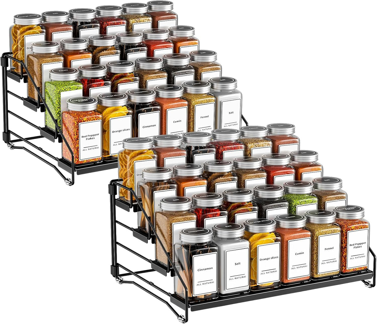 4 Tier Spice Rack Organzier, Spice Rack for Cabinet, Adjustable Depth Seasoning Shelf for Countertop, Pantry, Seasoning Organizer, Metal, Black (2 Pack)