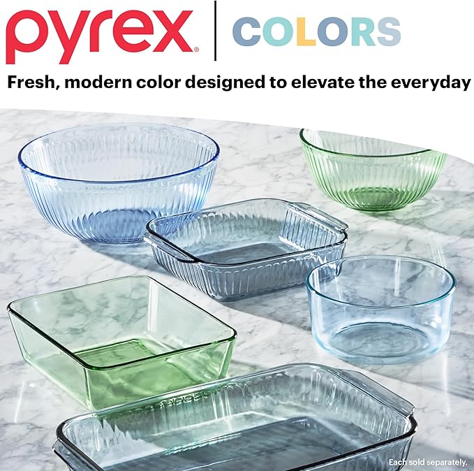 Pyrex Colors Tinted 3-PC, Unlidded Small/Medium/Large Glass Mixing Bowls, Nesting Space Saving Set of Bowls For Prepping and Baking, 1.3QT, 2.3QT & 4.5QT