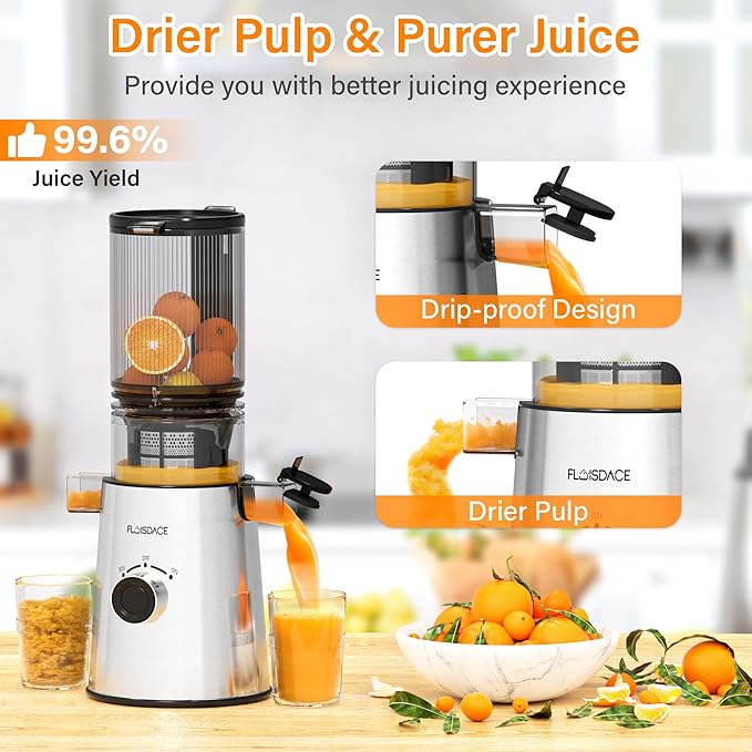 Cold Press Juicer, Masticating Juicer with Large Feed Chute Fit Whole Fruits & Vegetables，Stainless Steel Slow Masticating Juicer Easy to Clean, 99.6% Juice Purity, Metallic Silve