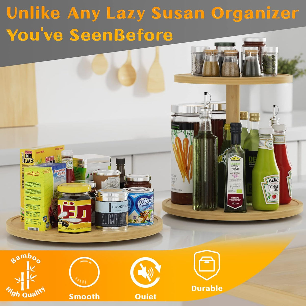 Lazy Susan Organizer Homerays 10 Inch Non-Skid Bamboo Lazy Susan for Kitchen Rotating Spice Rack for Kitchen Cabinet, Wood Turntable for Kitchen Countertop Organizer