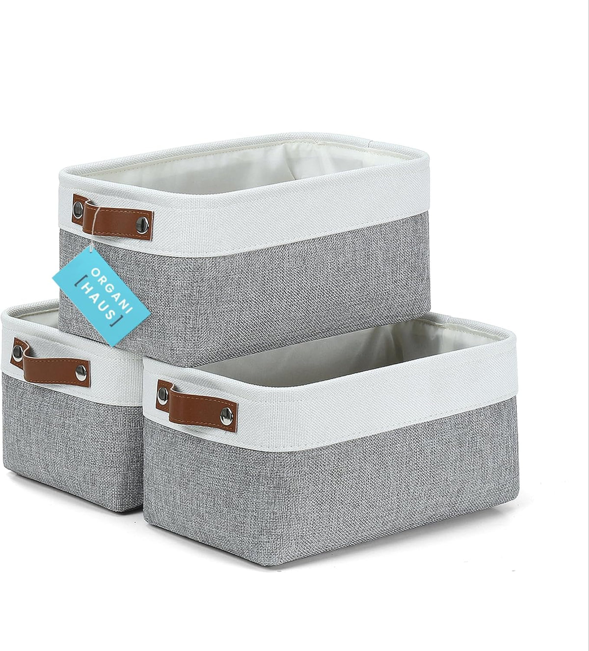 OrganiHaus Small Fabric Storage Bins for Shelves 3 Pack, 12x8in Closet Storage Bins for Shelves, Cloth Baskets for Organizing, Linen Closet Organizers, Fabric Basket, Shelf Organizer Bins Gray/White