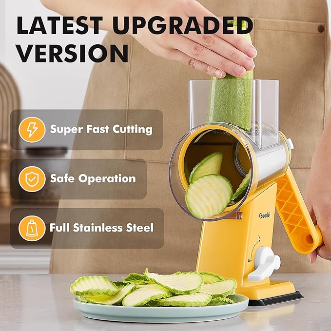 Geedel Rotary Cheese Grater - Upgraded Vegetable Shredder with 4 Interchangeable Blades, Easy to Clean Cheese Shredder with Handle, Kitchen Grater Nuts Grinder for Cutting Cheese, Vegetable, Nuts