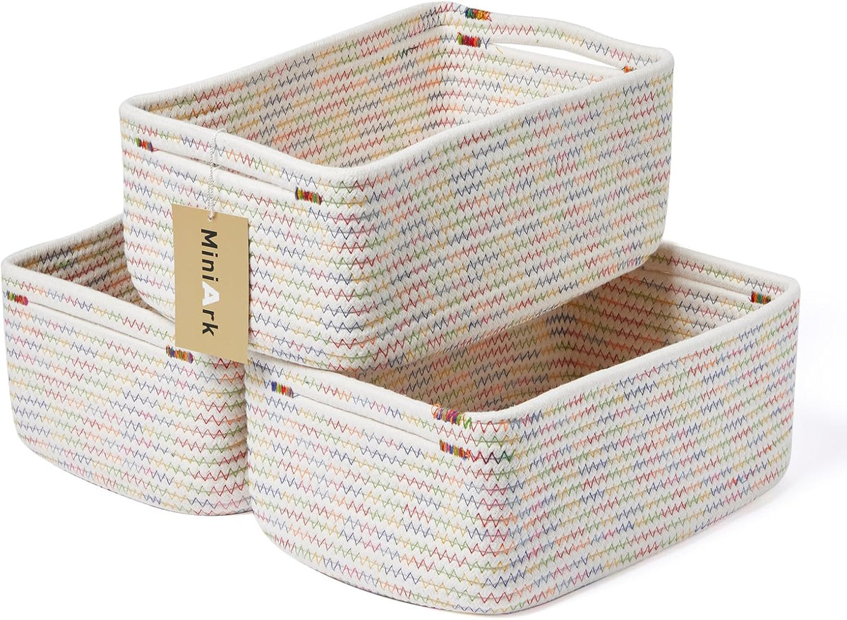 Small Storage Baskets for Organizing | Closet Organizer Bins | Shelf Toy Basket | Woven Rope Baskets | Cube Decorative Box | Shallow Basket | 13x8.5x5.1” | 3 Packs Rainbow