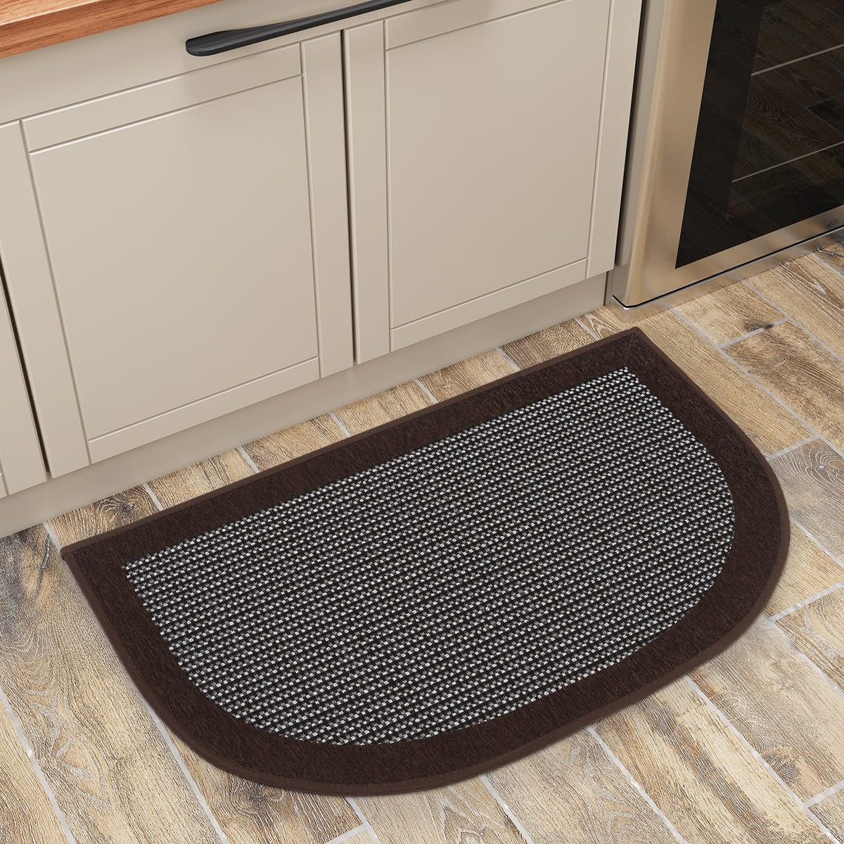 PADOOR Kitchen Mats for Floor, Kitchen Rugs Non Slip Washable, Half Circle Kitchen Floor Mat Sink Rug Rubber Backed Super Absorbent, 20”x32” Dark Brown