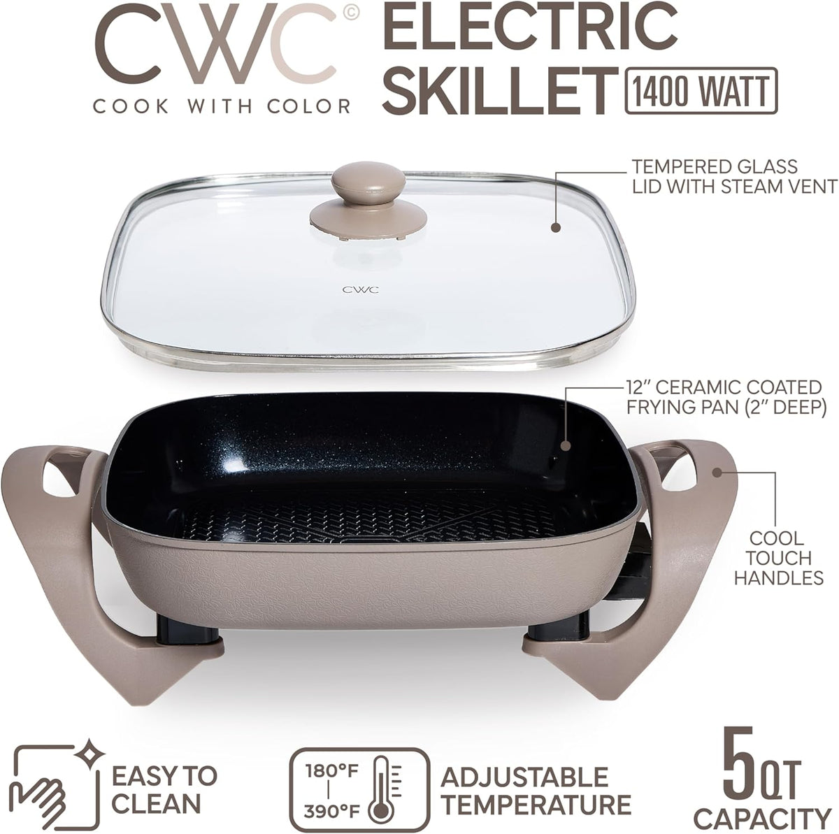 COOK WITH COLOR Electric Skillet - 12" x 12" Ceramic Nonstick Pan, PFAS-Free, 1400W, Tempered Glass Lid, Variable Temperature, Removable Heating Probe, Cool-Touch Handles, Greige
