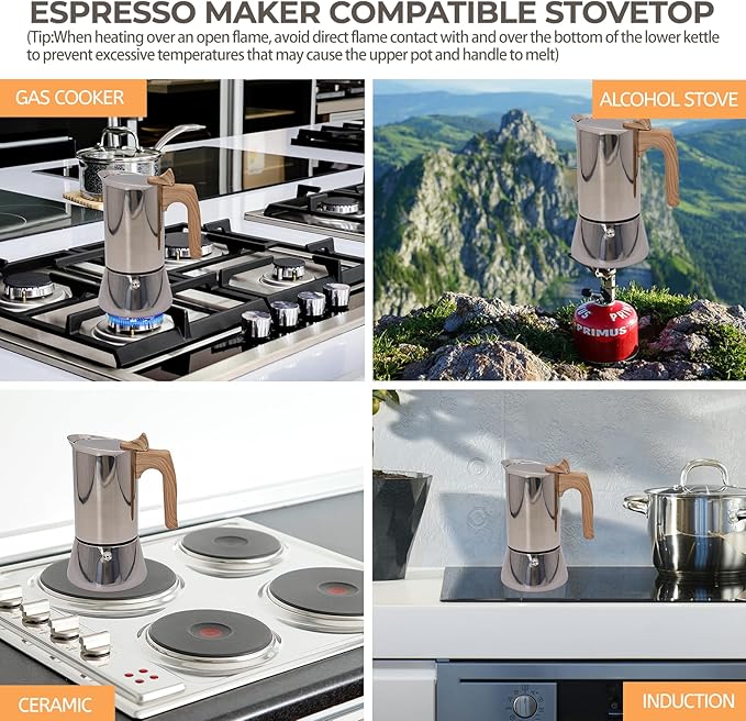 Uncoated 6 Cup Moka Pot 304 Thickened Stainless Steel Coffee Maker Stovetop Espresso Coffeemaker Italian Classic Style Brewing Greca Cafe Mocha Machine for Cafeteras Camping Travel Home 300ml 10oz