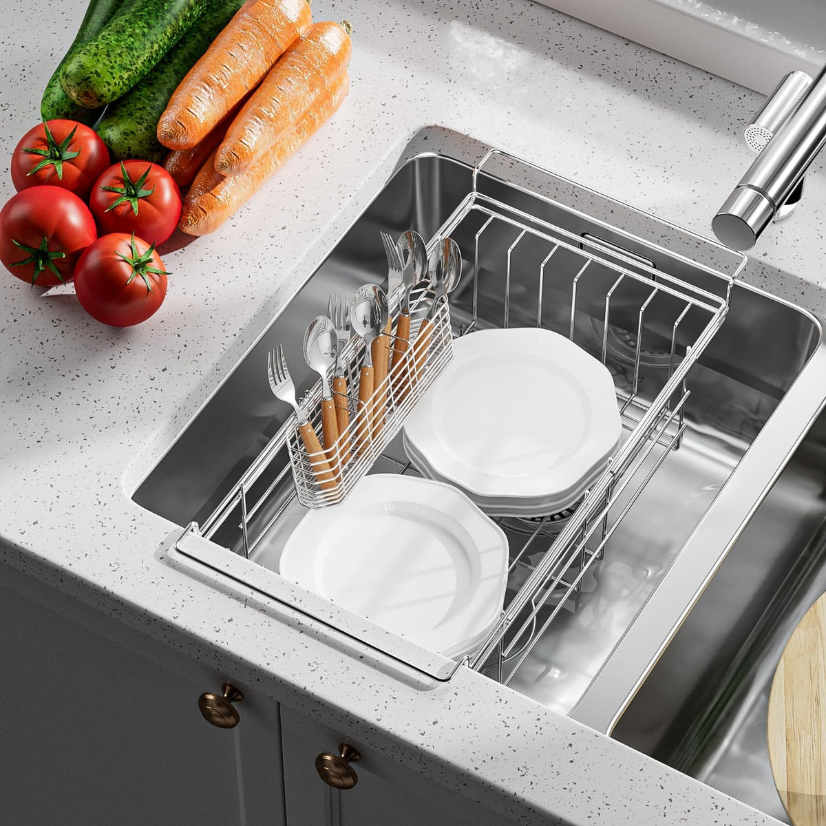 JAQ Utensil Holder for Sink, Sus304 Stainless Steel Rust Free Silverware Cutlery Flatware Holder Rack Organizer with Hooks for Dish Drying Rack Sink Dish Drainer in Kitchen Bathroom
