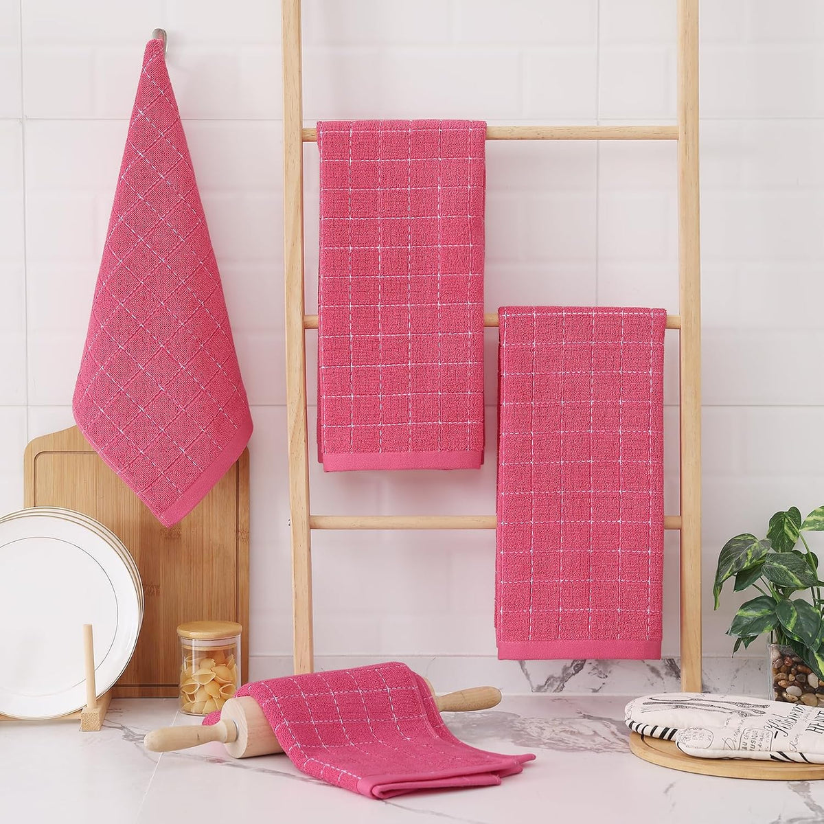 Homaxy 100% Cotton Terry Kitchen Towels(Rose Red, 13 x 28 inches), Checkered Designed, Soft and Super Absorbent Dish Towels, 8 Pack