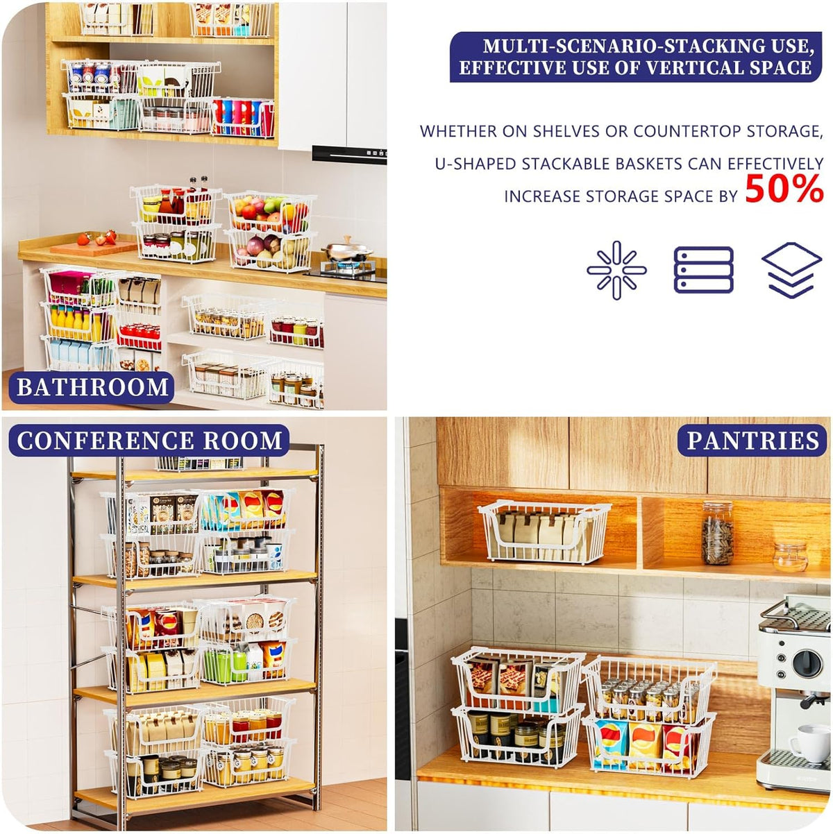 Enhanced Leak-Proof Bottom Stackable Wire Baskets, 5 Pack Pantry Organizers and Storage, pantry storage，Shelf Baskets, Fruit Basket, Potato and Onion Storage Bins，(White)
