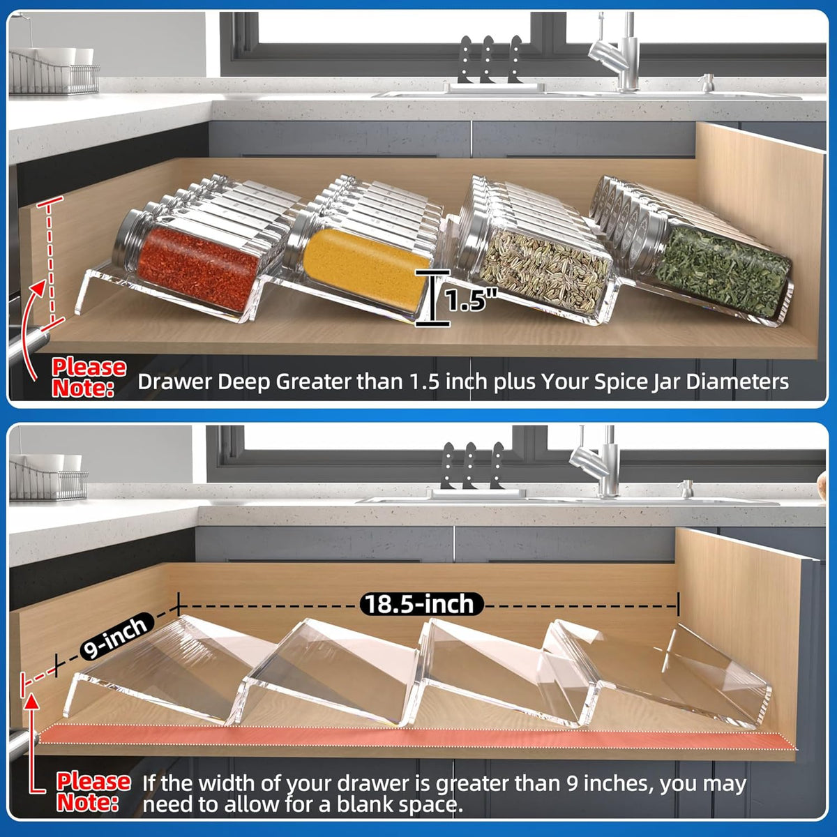 MIUKAA Clear Acrylic Spice Drawer Organizer, 4 Tier- 1 Set Seasoning Jars Drawers Insert, Kitchen Spice Rack Tray for Drawer/Countertop (Jars not included)