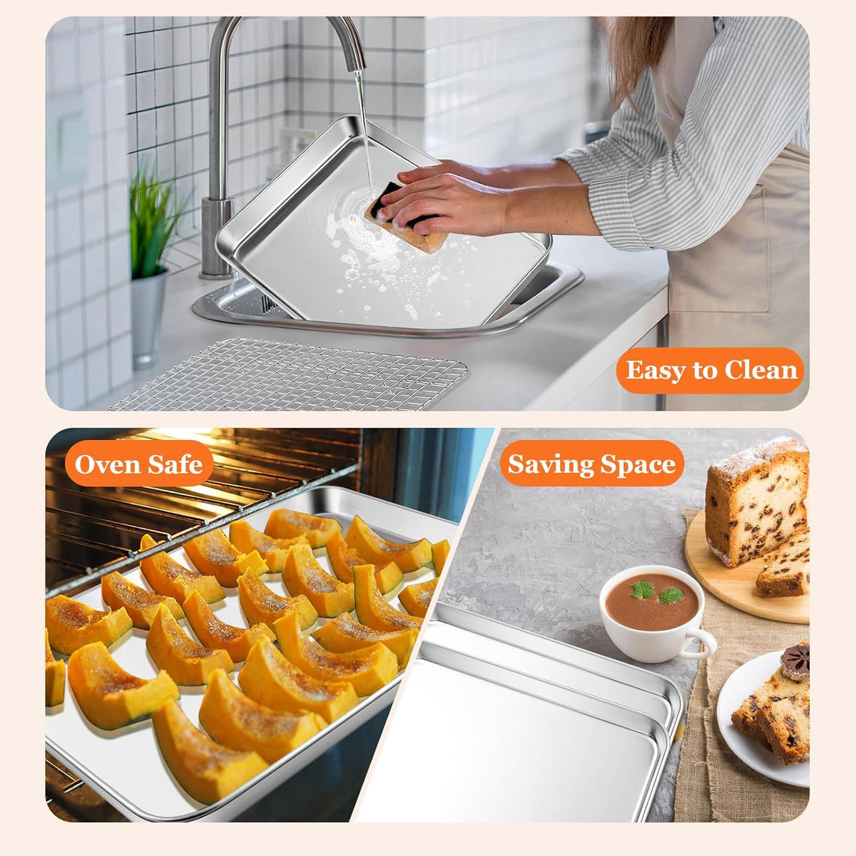 Jelly Roll Pan with Cooling Rack, Leonyo Baking Sheet Pan with Wire Rack, Commercial Stainless Steel & Nonstick Large Cookie Sheet Trays for Oven Cooking, Size 16 x 12 Inch (2 Trays + 2 Racks)